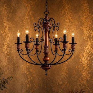 Handmade Walnut Wood 6-Light Chandelier | Farmhouse Black Iron Ceiling Light