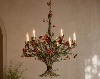 Handcrafted Wrought Iron Floral Chandelier – Botanical Metal Ceiling Light Fixture