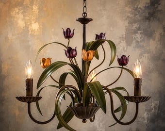 Handgjord metallblommig ljuskrona | Fransk lantlig botanisk matlampa