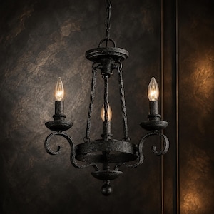 Rustic Wrought Iron Chandelier, 3 Light Farmhouse Ceiling Light, Antique Black Pendant, Vintage Candle Chandelier, Medieval Lighting