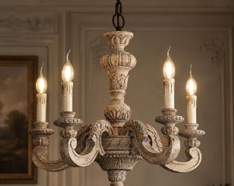 Hand Carved Wooden Chandelier | Rustic French Country Farmhouse Ceiling Light, Antique Finish