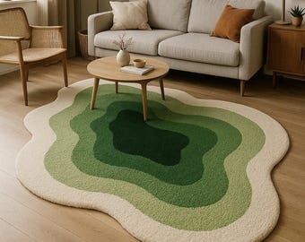 Hand Tufted Wavy Green Rug – Modern Abstract Layered Carpet, Gradient Area Rug for Living Room, Retro Home Decor, Organic Shape