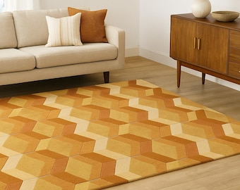 Hand Tufted Wool Rug, Mustard Yellow 3D Cube, Mid Century Modern