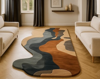 Hand Tufted Irregular Rug – Modern Abstract River Pattern Wool Area Carpet for Living Room, Bedroom, Office – Custom Size Organic Shape