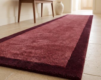 Burgundy and Dusty Rose Hand Tufted Wool Runner Rug, Two Tone Border Design