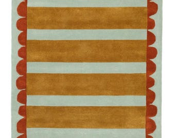 Alfombra de rayas tejida a mano con borde festoneado: moderna y colorida alfombra para sala de estar, dormitorio y habitación infantil. Decoración divertida para el hogar.