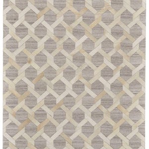 Handmade Leather Wool Rug, Geometric Patchwork Area Rug, Modern Neutral Carpet, Beige Gray Floor Rug, Luxury Living Room Decor