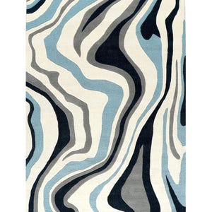 Hand Tufted Abstract Blue Rug, Loop & Cut Pile Wool Area Rug, Modern Wave Pattern Carpet, Contemporary Living Room Decor