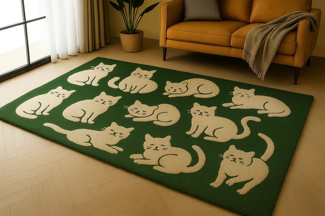 Hand Tufted Cat Rug | Cute Green Area Carpet | Modern Living Room Decor ...