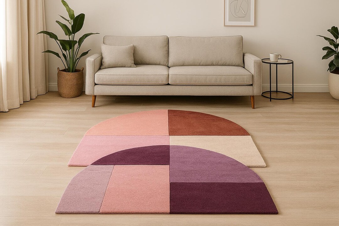 Horizontal Shape Rug Hand Tufted Arch Geometric Rug – Modern Color Block Half Circle Wool ...