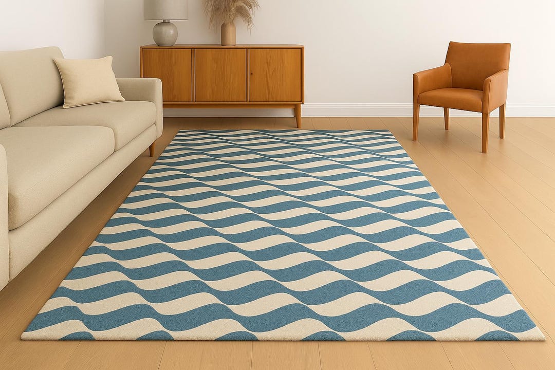 Blue Wavy Pattern Rug Hand Tufted Blue and Ivory Wave Pattern Rug – Modern Geometric Area ...