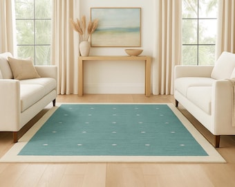 Alfombra de lana azul aguamarina tejida a mano, moderna y minimalista con borde marfil para sala de estar, dormitorio y oficina, tamaño personalizado.