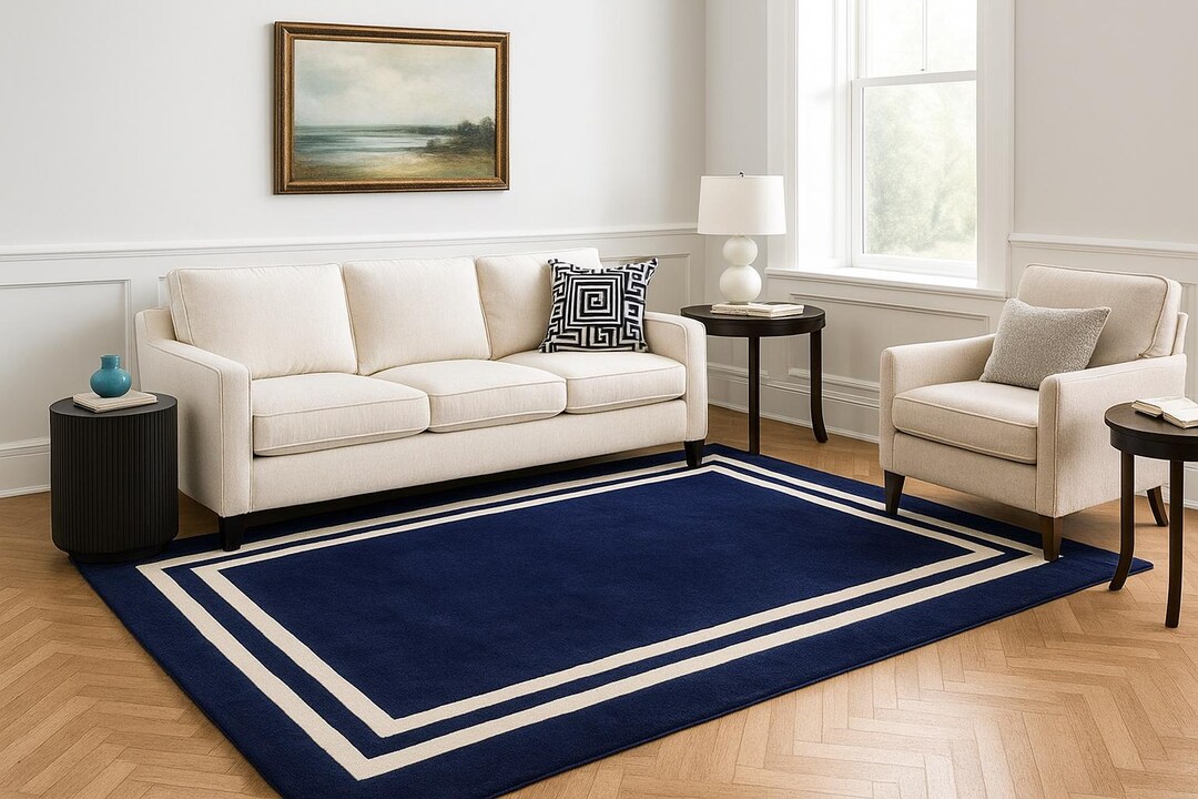Navy Blue Hand Tufted Wool Rug | Modern Geometric Border Carpet ...