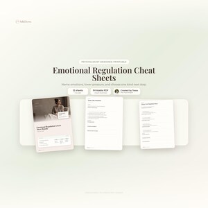 Può includere: Una presentazione di prodotto digitale con "Foglietti di trucchi per la regolazione emotiva" progettati da uno psicologo. L'immagine include un foglio di copertina con una foto e due fogli aggiuntivi con testo. Il testo include "Nomina le emozioni, riduci la pressione e scegli il prossimo passo."