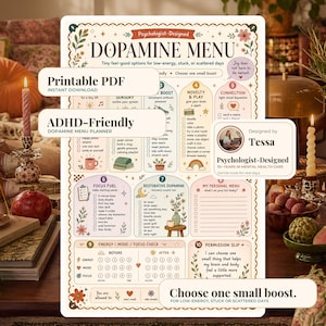 Menu della dopamina per ADHD stampabile, pianificatore del menu della dopamina, pianificatore giornaliero per bassi livelli di dopamina, funzioni esecutive, PDF immediato