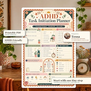 Könnte beinhalten: Ein rechteckiger ADHD Task Initiation Planner mit cremefarbenem Hintergrund, orangefarbenen und blaugrünen Rändern sowie floralen Akzenten. Er enthält elf nummerierte Abschnitte mit Checklisten und Aufforderungen zur Aufgabenverwaltung.