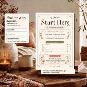 Peut inclure: Une page de journal de travail de l'ombre imprimable avec un fond crème, présentant le texte Start Here, Psychologist-Designed et Today I can begin with. La page comprend des illustrations florales, des cases à cocher et une section permission slip.