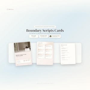 May include: A digital product advertisement for "Boundary Scripts Cards." The cards are designed by a psychologist and are printable. The text on the cards includes "Boundary Scripts for People Who Over-Explain." The product promises 48 scripts.