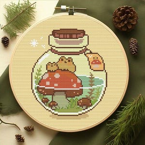 Frogs in a Bottle Cross Stitch PDF Pattern | Mushroom Terrarium PDF | Cottagecore | Fantasy Cute Embroidery Chart | Instant Download