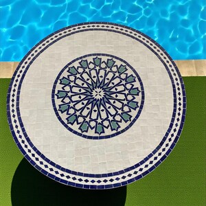 White and Blue Handmade Moroccan Mosaic Table – Colorful Zellij Round Patio and Garden Table , Outdoor Coffee, Side Table Art