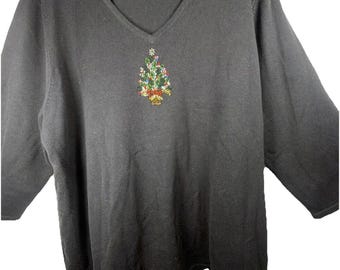Vintage Y2K Sequined Embroidered Christmas Tree Sweater CJ Banks Black 3XL