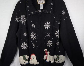 Cárdigan navideño vintage Y2K de colección, talla XL, con copos de nieve y osos polares.
