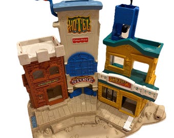 Vintage 1996 Fisher Price Great Adventure Wild Western Town Sheriff Hotel Bank