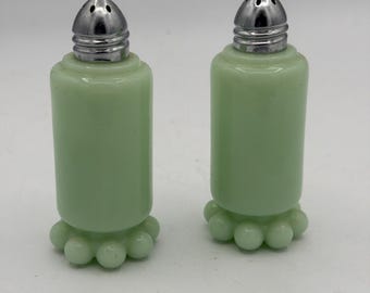 Jeannette Jadeite Salt & Pepper Shakers 1930's Uranium Glass Green Fire King