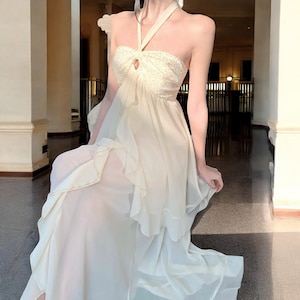 White Chiffon Maxi Dress: Flowy Halter Neck Gown