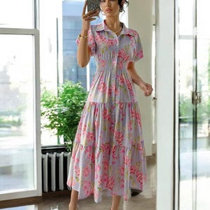 Vintage Floral Midi Dress – Puff Sleeve Collared Button Down Dress, Smocked Waist Tiered Summer Dress, Cottagecore Garden Party Outfit