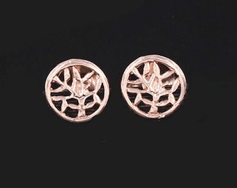 1 Pair of 925 Sterling Silver Rose Gold Vermeil Style Tiny Tree of life circle Stud Earrings 7mm.  :pg0437