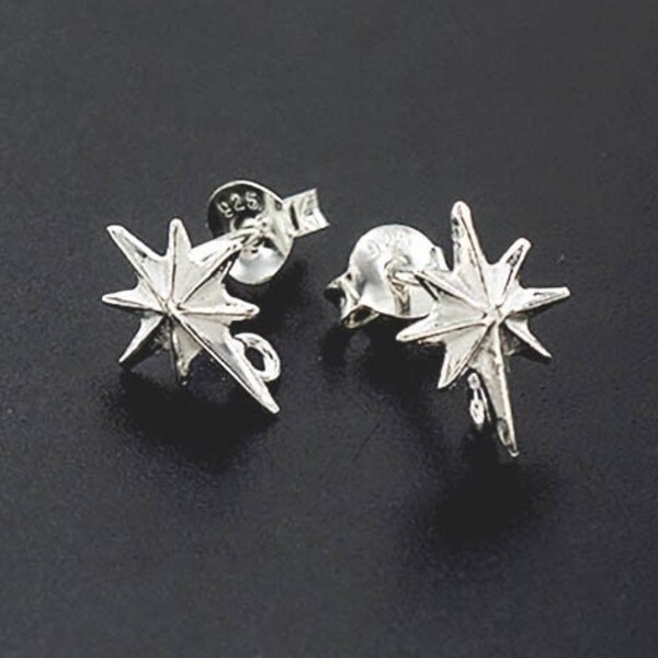 1 pair of 925 Sterling Silver North Star Stud Earrings , Post Findings 8.5x11mm. :tm0270