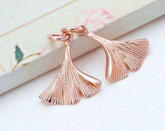 2 of 925 Sterling Silver Rose Gold Vermeil Style Ginkgo Charms 13x16 mm.   :pg0084
