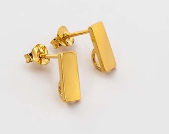 1 Pair of 925 Sterling Silver Gold Vermeil Style Rectangle Bar Stud Earrings Post Findings 4.5x10mm. with Opened Loop.  :vm1731