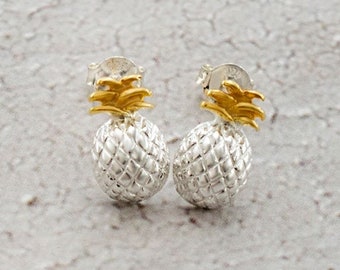 1 pair of 925 Sterling Silver Two Tone Gold & Silver Pineapple Stud  Earrings 7x12 mm.   :tt0012