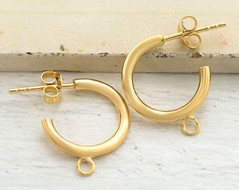 1 Pair of 925 Sterling Silver Gold Vermeil Style Hoop Stud Earrings Post Findings 2x15mm.  Polish Finished  :vm1583