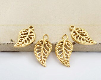 4 of 925 Sterling Silver Gold Vermeil Style Leaf Charms 6x10 mm. , small leaf charms.    :vm0981