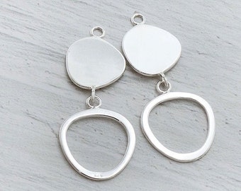 2 of 925 Sterling Silver Double Pebble Disc Links, Pendants 15x32 mm. :tk0272