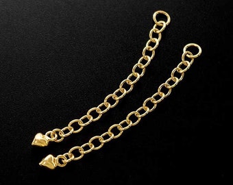 2 of 925 Sterling Silver Gold Vermeil Style Extension Chains  1.5 inches with Heart Charm.   :vm1402m