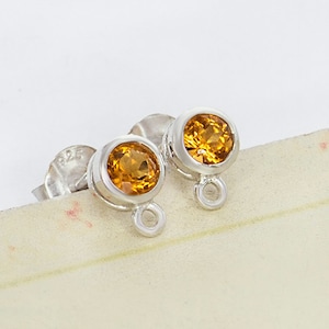 1 Pair of Natural Round Citrine & Sterling Silver Bezeled  Stud Earrings Post Findings 6 mm.  :gt0035