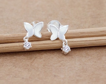 1 pair of 925 Sterling Silver  Cubic Zirconia  Butterfly Stud  Earrings 5x6 mm. Small Earrings.  :ts0019