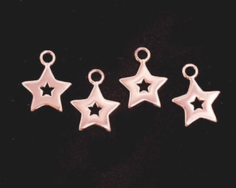 4 of 925 Sterling Silver Rose Gold Vermeil Style Star Charms 10mm.  :pg0476