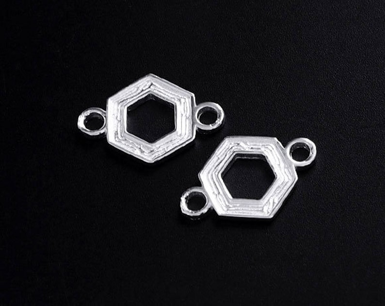 2 of 925 Sterling Silver Textured Hexagon Links , Connectors 10 mm. :tm0023 image 1