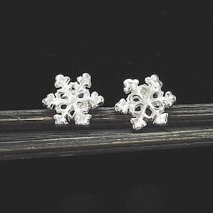 May include: A pair of silver snowflake stud earrings. Each earring features a detailed, six-pointed snowflake design. The earrings are displayed on a dark, textured surface, creating a contrast that highlights their intricate details. A winter-themed jewelry item.