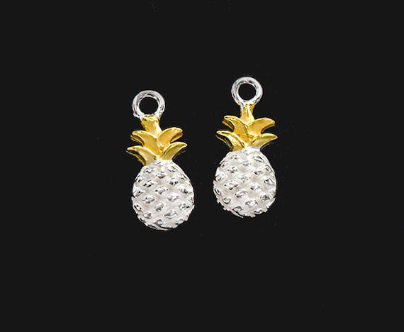 2 of 925 Sterling Silver Pineapple Charms 6x11.5mm . Two Tone Gold