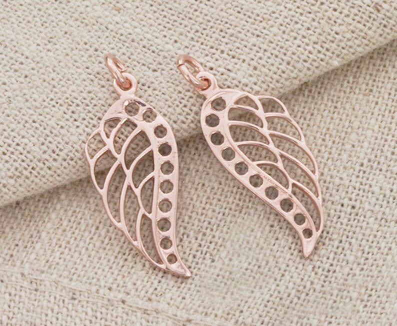 2 of 925 Sterling Silver Rose Gold Vermeil Style Angel Wing Charms 10x22 mm :pg0152