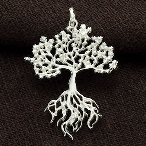 Peut inclure: Un pendentif en argent en forme d'arbre de vie avec des branches et des racines complexes. Le pendentif est un symbole populaire de croissance, de force et de connexion.