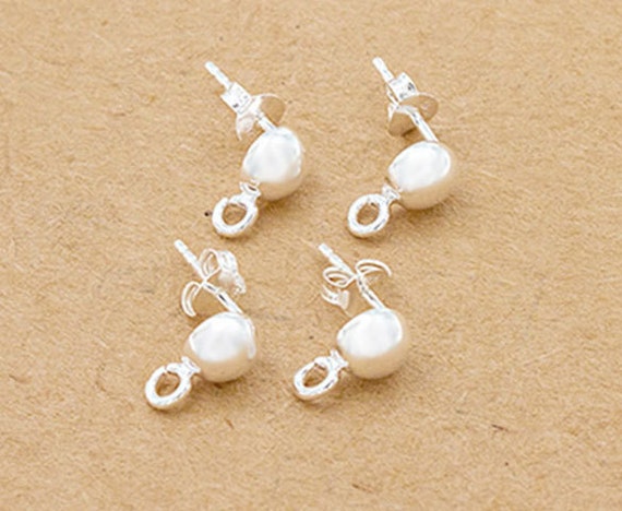2 pairs of 925 Sterling Silver Post Stud Earrings Findings, 6mm Half Ball with Opened Loop :tm0158