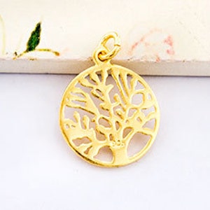 1 of 925 Sterling Silver Gold Vermeil Style Tree of Life Charm 16 mm. :vm0701 image 5