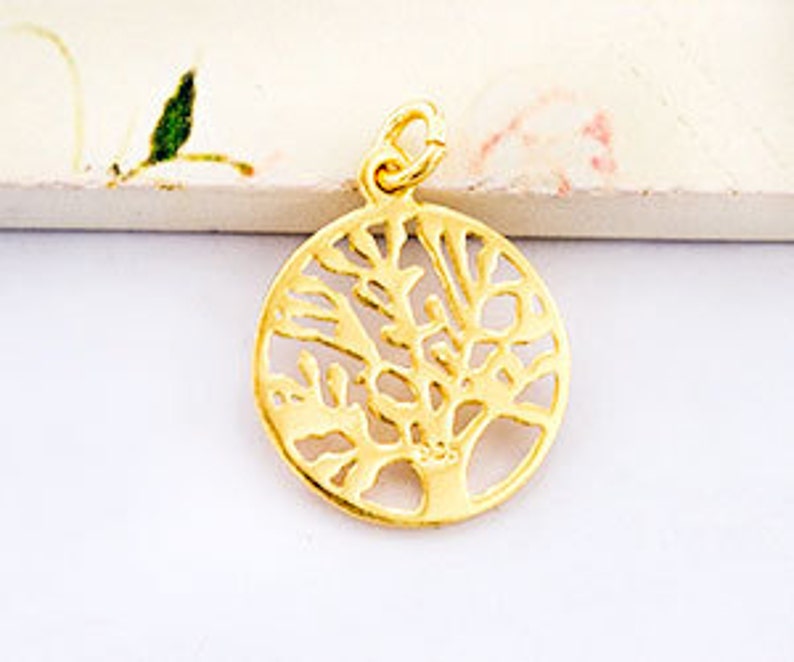 1 of 925 Sterling Silver Gold Vermeil Style Tree of Life Charm 16 mm. :vm0701 image 5